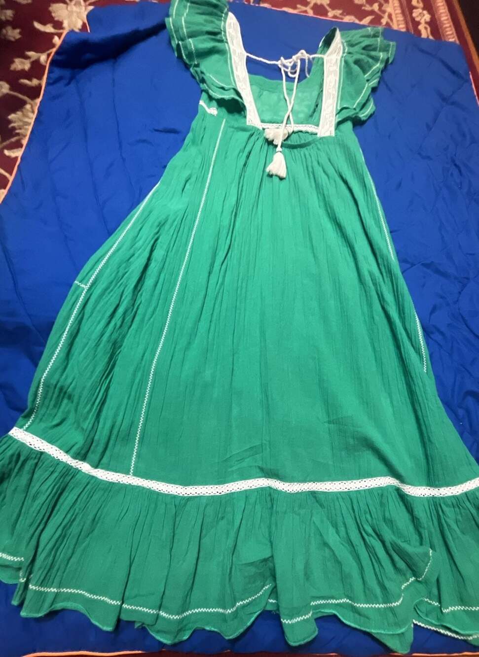 M.A.B.E Green Embroidered Cotton Maxi Dress with Lace Trim - Picture 8 of 13